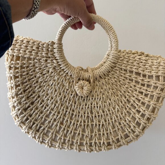 NEW Beige Bamboo Woven Semicircle Tote Handbag - Picture 10 of 12